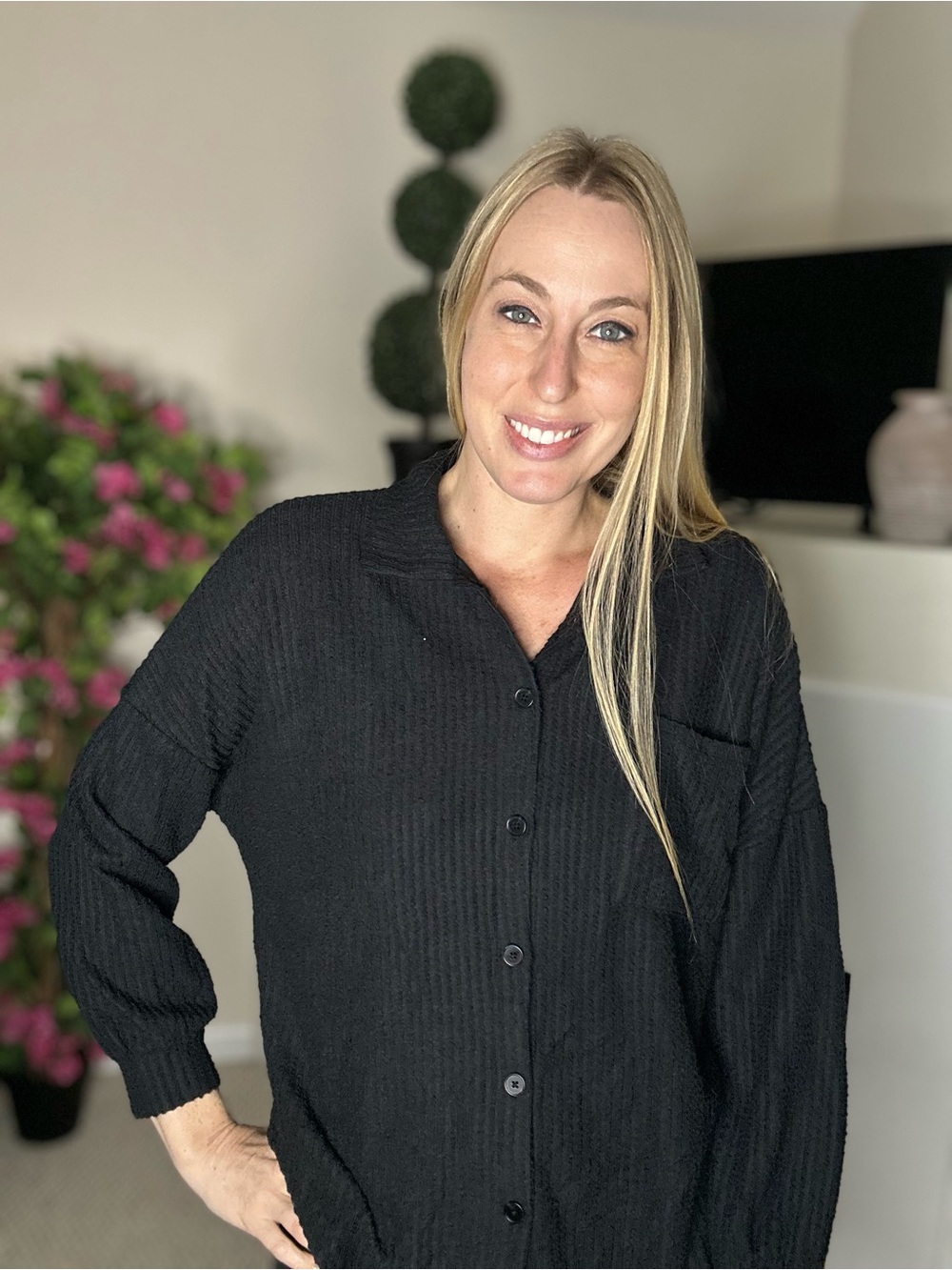 New Amazon Black Button-Down waffle knit relaxed  Women's Shirt